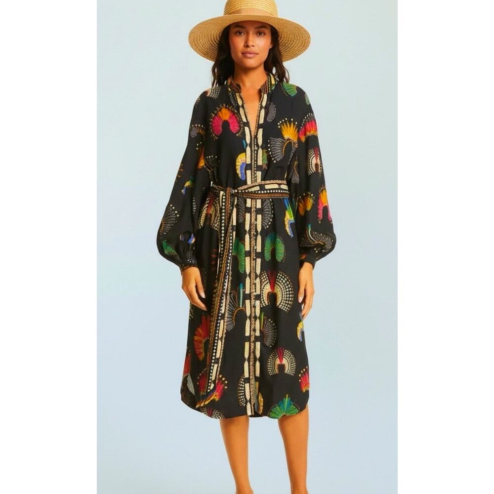FARM Rio Black Midi Dress with Multicolor Fan Print NWT - Picture 3 of 8